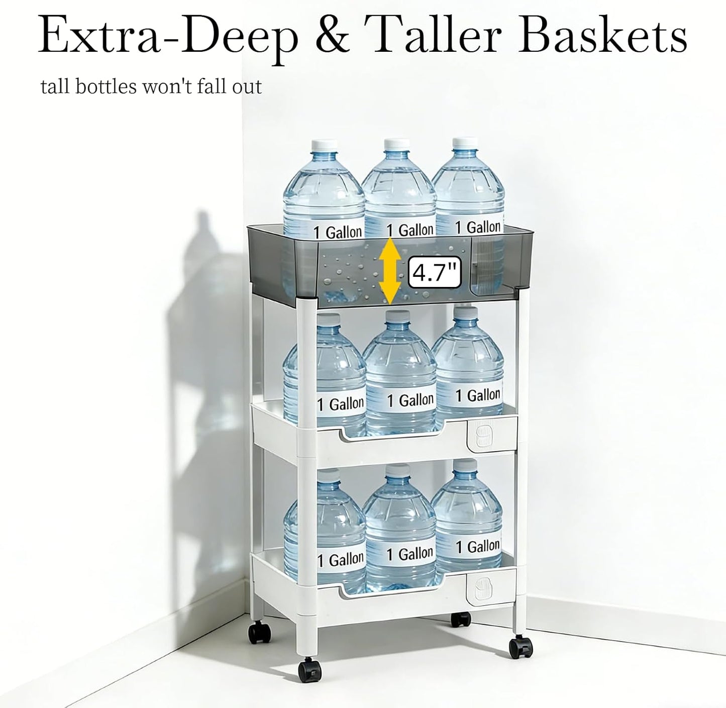 2 Tier Rolling Cart with Wheels for Under Desk Storage, Heavy Duty Plastic Short Small Utility Cart for Small Space Bathroom Vanity Makeup Organizer Pantry, 4.7'' Deep Baskets for Tall Bottles