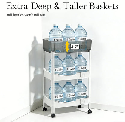 2 Tier Rolling Cart with Wheels for Under Desk Storage, Heavy Duty Plastic Short Small Utility Cart for Small Space Bathroom Vanity Makeup Organizer Pantry, 4.7'' Deep Baskets for Tall Bottles