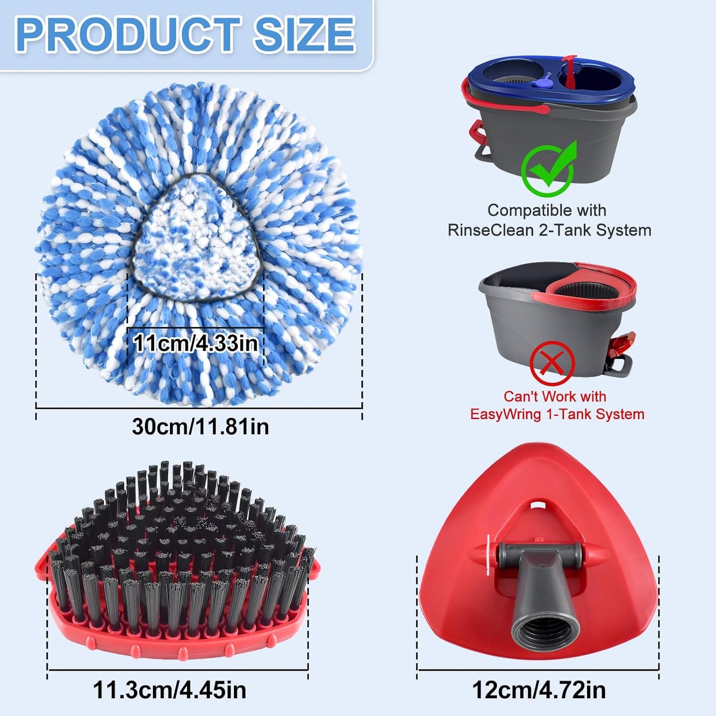 Mop Heads Replacements,Mop Handle,Scrub Brush,Base for Ocedar Rinseclean 2 Tank,Include 2 Microfiber Mops Replace Head,30-58" Adjustable Mop Stick,1 Scrubber Head,1 Spin Base,Bucket not Included
