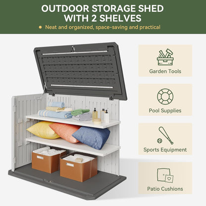AOXUN Horizontal Storage Sheds 21 Cu.ft, HDPE Outdoor Storage Box 160 Gallon, Waterproof Lockable Resin Deck Box with Spring-Assisted Lid, Patio Storage for Garden, Pool, Cushions, Tools, White
