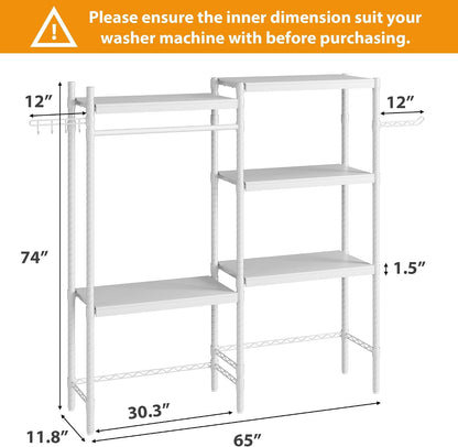 IDEALHOUSE 30" Washer Dryer Storage Shelf A+B - Adjustable Height Laundry Organizer with Double-Layer Wood Shelves, 5-Tier Wood Over Space-Saving Design for Bathroom, Laundry Room, or Balcony, Whit