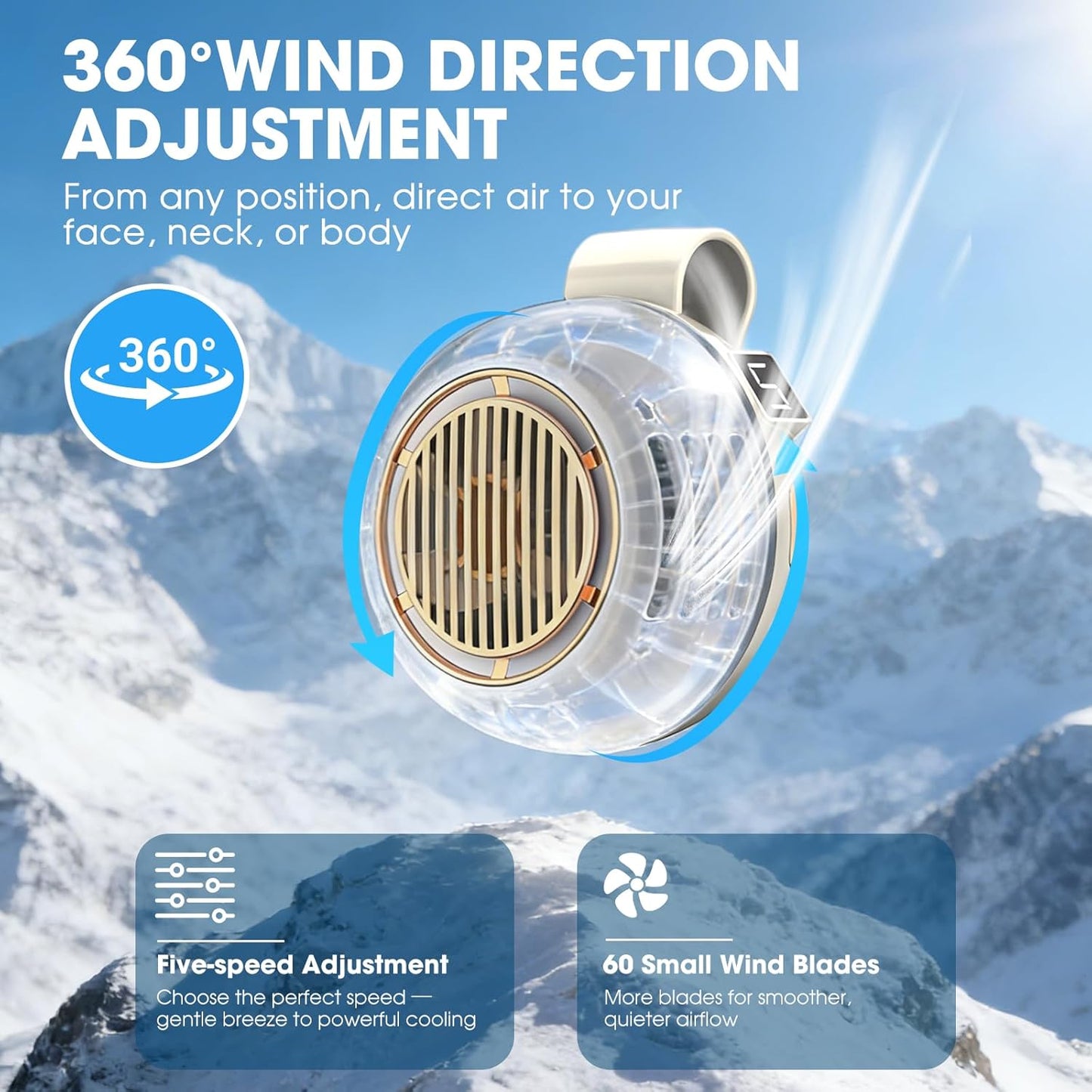Portable Silent Mini Bladeless Fan Clip On, 5 Speeds 360° Rotatable Clip on Fan for Shirt & Waist, USB Rechargeable Small Fans Portable, 2026 New Whirlwind Fans for Outdoor/Travel/Office (White)