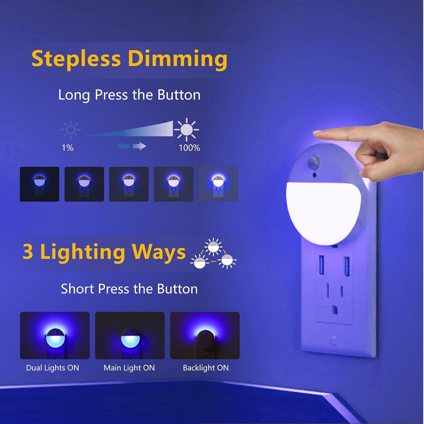 YUNLEX 2 Pack Plug in Night Light with Motion Sensor and Dusk to Dawn Sensor, Stepless Dimming, Warm White LED Nightlight with 3 Lighting Ways for Bathroom, Bedroom, Kitchen, for Kids, Adults