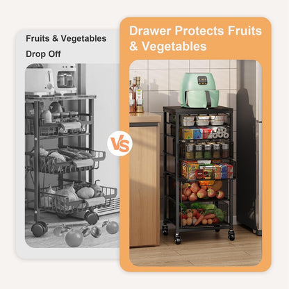 4 Tier Kitchen Rolling Cart, Kitchen Storage Cart with Wheels, Adjust Pantry Organizer and Storage Cart with Drawer, Fruit Vegetable Spice Storage Cart, Wooden Top Metal Kitchen Organizer Rack Stand