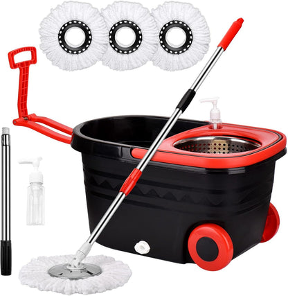 Spin Mop and Bucket with Wringer Set on Wheels, 360 Spinning Mop with Stainless Steel Handle for All Hard Surfaces, Floor Cleaning System with 3 Microfiber Replacement Heads, Black/Red