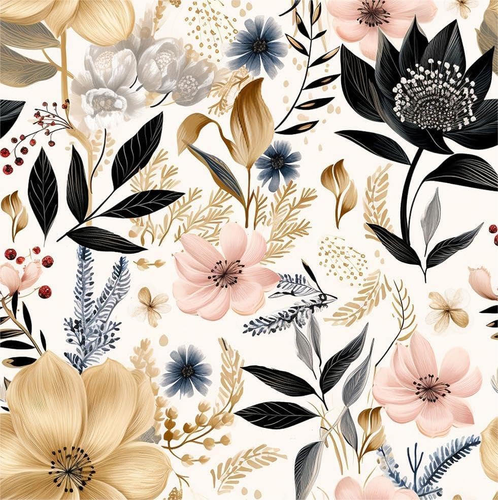 MuralPeel White/Pink/Gold Floral Garden Black Blue Flowers Vintage Peel and Stick Wallpaper Self Adhesive Removable Easy Peel Off Contact Paper Stick on Wall Paper for Bedroom Cabinet Renter Friendly