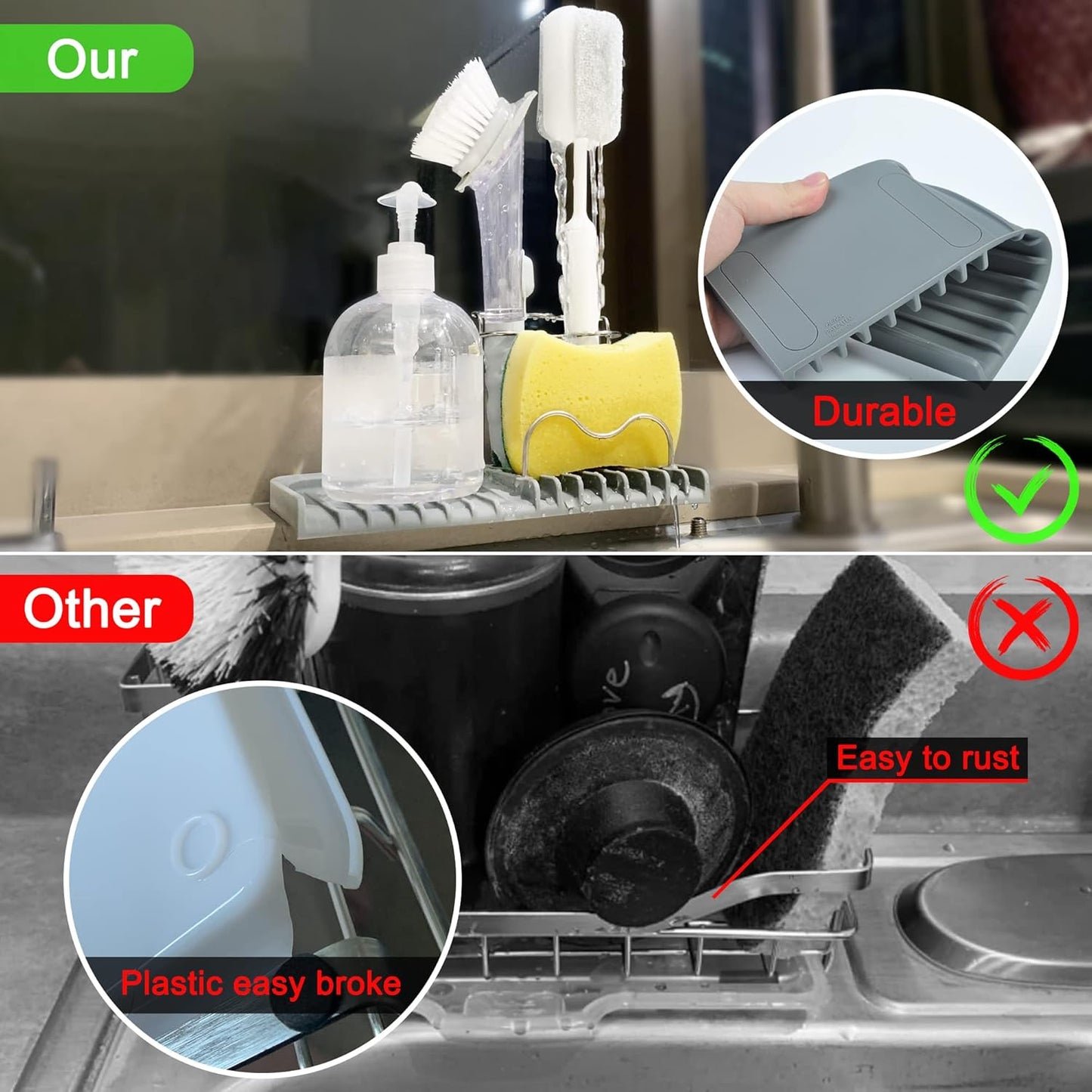 Gosmol Sponge holder for kitchen sink caddy accessories gadgets, dish soap brush holder for sink organizer, soap tray holder drainer rack for bathroom -Gray