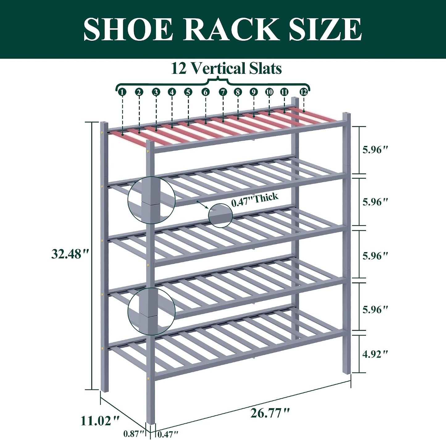 Smiry Bamboo Shoe Rack, 3 Tier Free Standing Wooden Shoe Organizer, Stackable Wood Shoe Storage Shelf for Closet, Entryway, 12 Vertical Slats, 2+1 Stack Standard Legs, 26.8"x11"x19.5", Natural