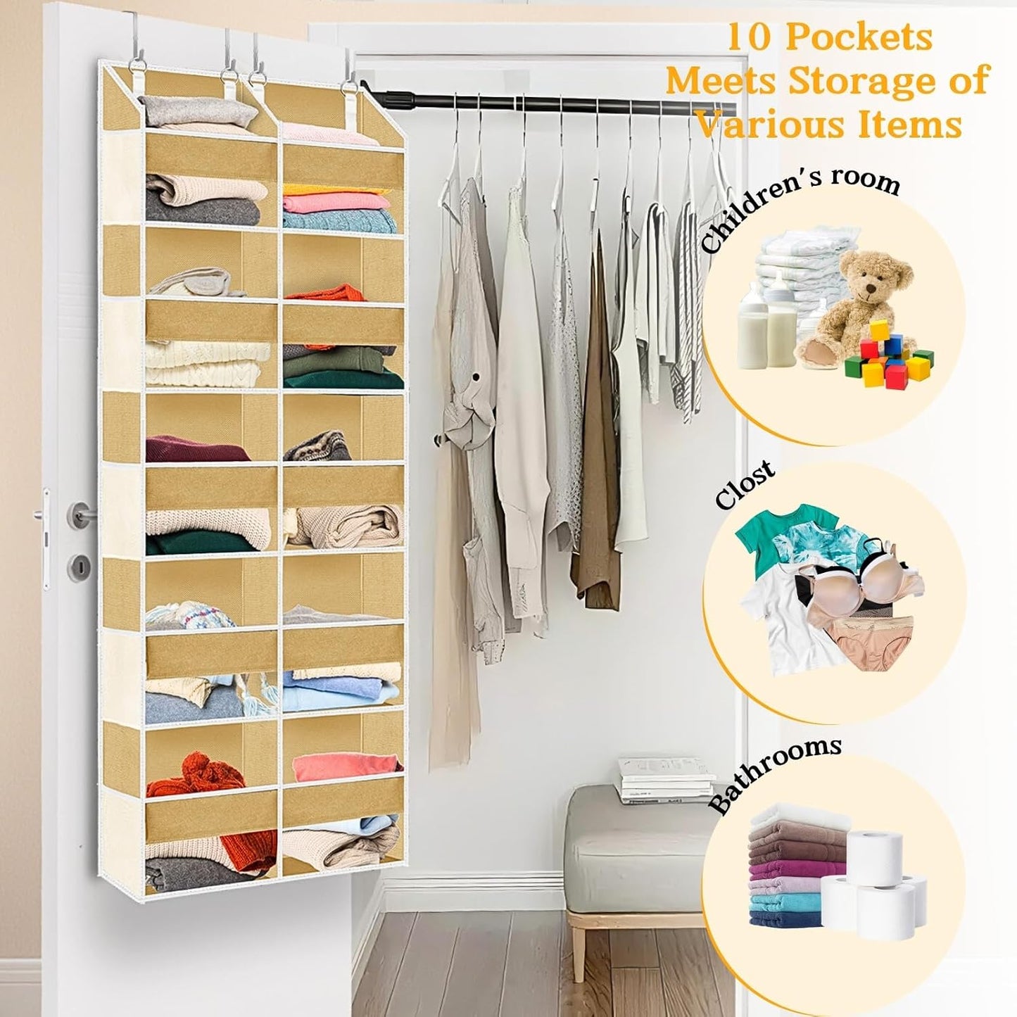 Over The Door Organizer, 5-Tier Extra Large Behind Door Storage with 10 Big Front & 10 Mesh Pockets, 80lb Capacity, Hanging Storage Organizer with Clear Window Kids Toys, Shoes, Diapers, Light Grey
