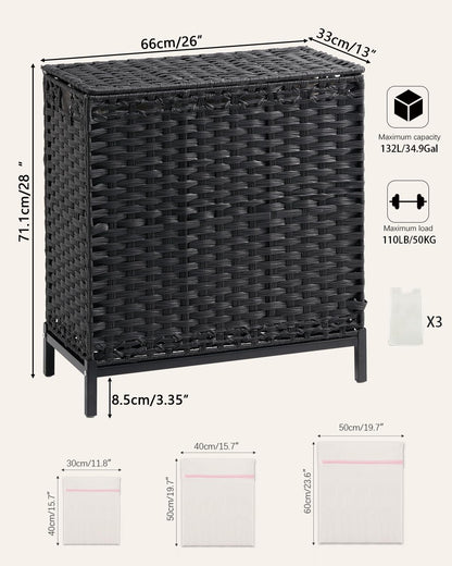 SETVSON Laundry Hamper with Lid 132 L, (35 Gallons) Clothes Hamper with Lid, Handwoven Rattan Laundry Hamper with Metal Heightened Feet, Laundry Hampers with 3 Removable Liner Bags for Laundry-Natural
