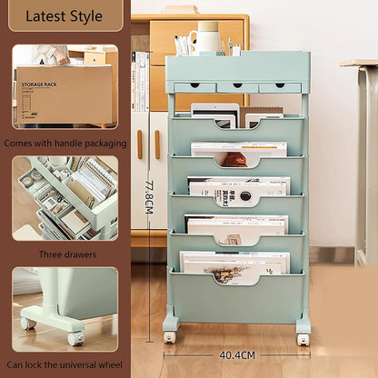 Rolling Bookshelf Cart with Wheels, 6 Tier Movable Bookshelf for Storage, Portable Bookshelf on Wheels for Kitchen Bathroom Office, Slim Book Cart, Off White