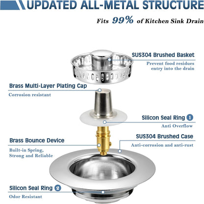 Sink Drain Strainer 3 in 1, 304 Stainless Steel Pop Up Kitchen Sink Stopper with Anti-Clogging Basket, Kitchen Essential Drain Anti-Clog Gadgets, Fits US Standard 3-1/2'' Sink Drain (SUS 304 Brushed)