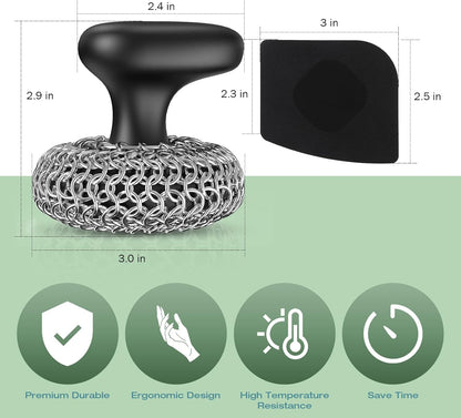Cast Iron Scrubber | Dish Scrub Brush | 316 Cleaner Chainmail Scrubber for Cast Iron Pan Skillet Cleaner - Dish Scouring Pad Dishwasher Safe Cleaning Kit, Black 02