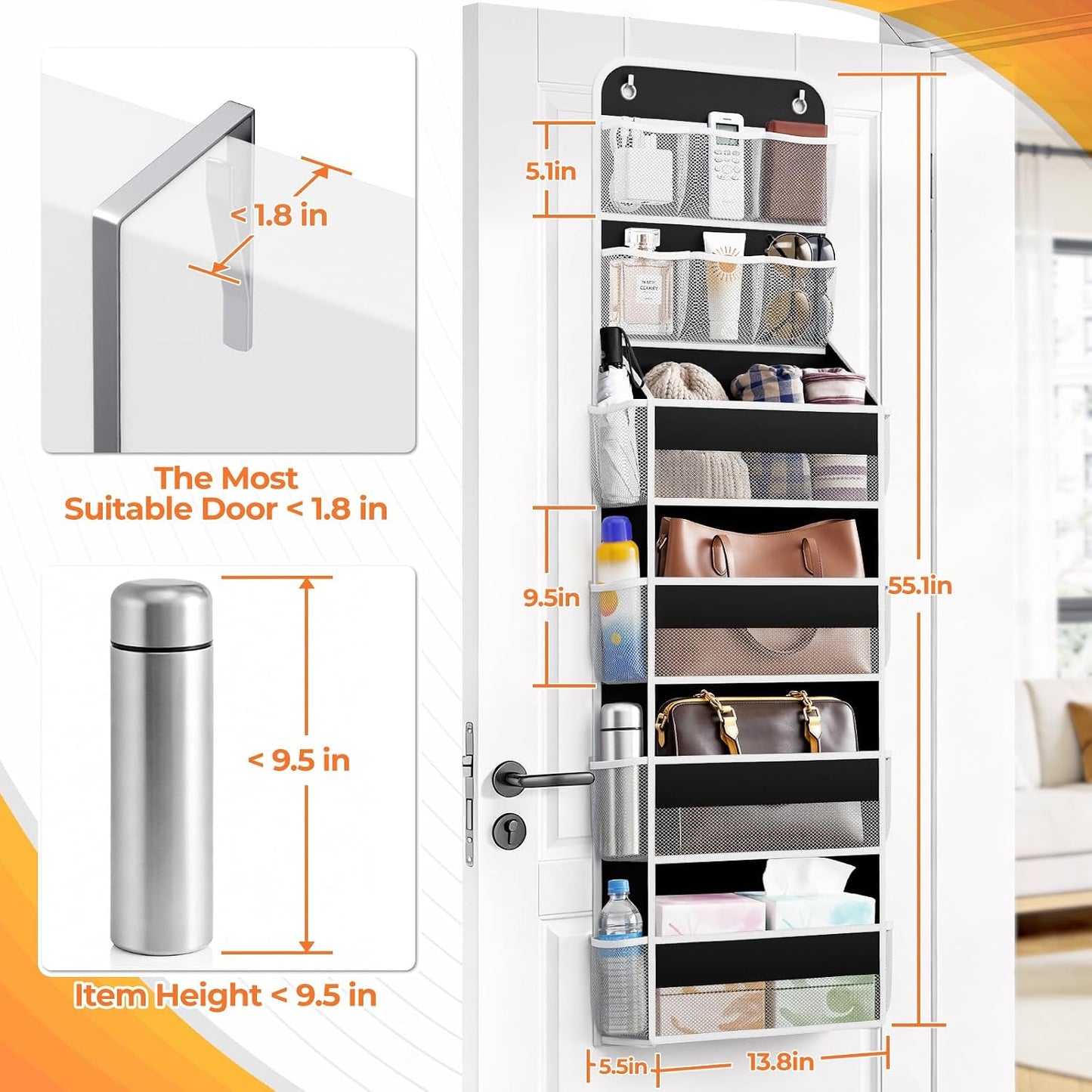 SpaceHacks 5-Tier Over the Door Organizer with Mesh Pockets, Baby Nursery Storage for Closet, Bathroom and Bedroom, Adjustable Hanging Closet Organizer for Cosmetics, Books and Essentials (Dark Grey)