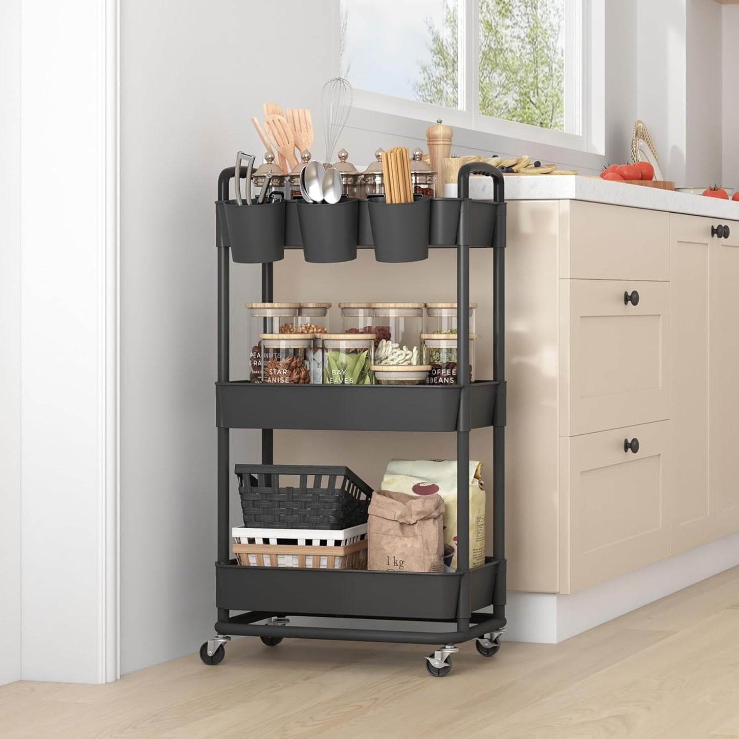 JIUYOTREE 4-Tier Plastic Rolling Storage Cart Utility Cart with Extra Hanging Cups Handles Lockable Wheels for Living Room Bathroom Kitchen Office White