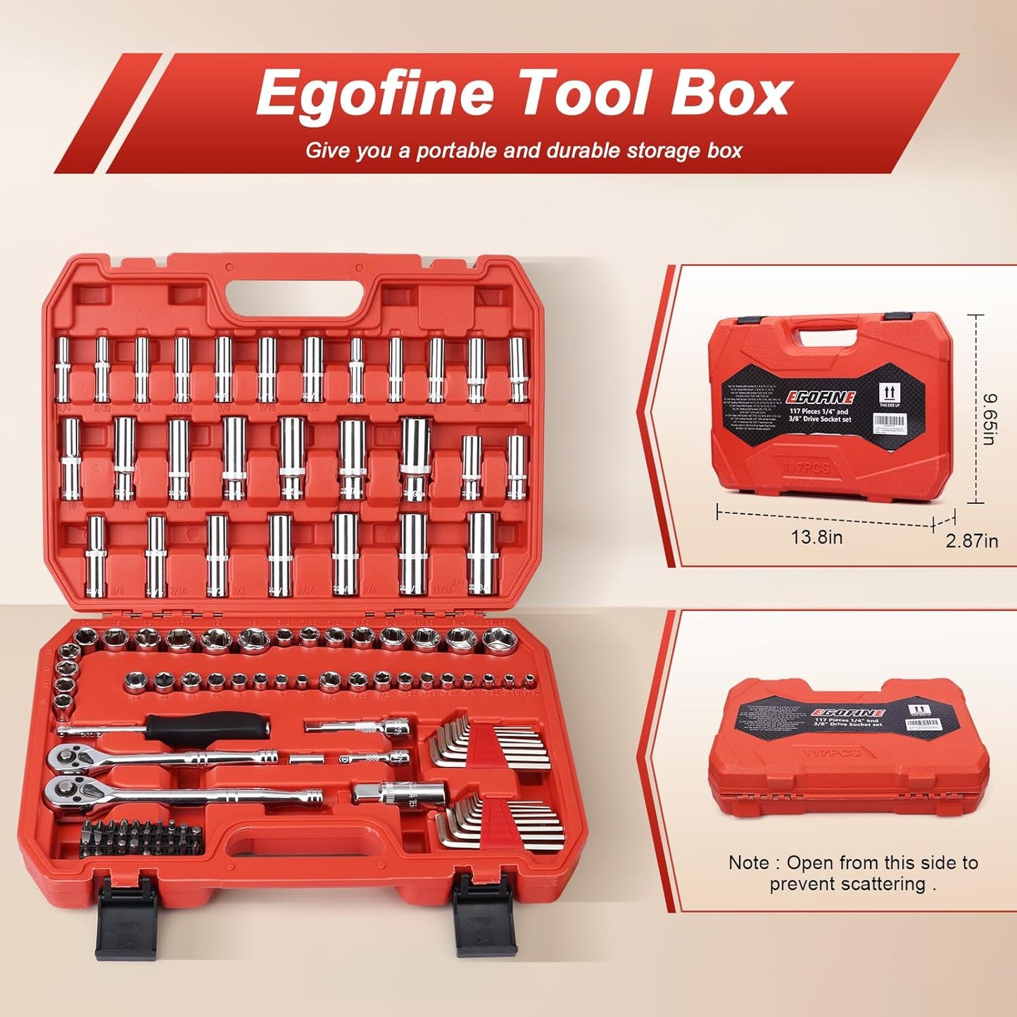 Egofine 46 Pieces 1/4 inch Drive Socket Ratchet Wrench Set, with Bit Socket Set Metric and Extension Bar for Auto Repairing and Household, with Storage Case