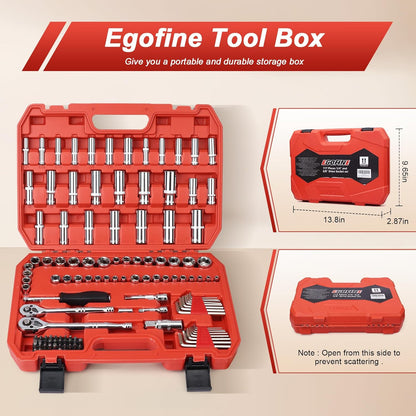 Egofine 46 Pieces 1/4 inch Drive Socket Ratchet Wrench Set, with Bit Socket Set Metric and Extension Bar for Auto Repairing and Household, with Storage Case