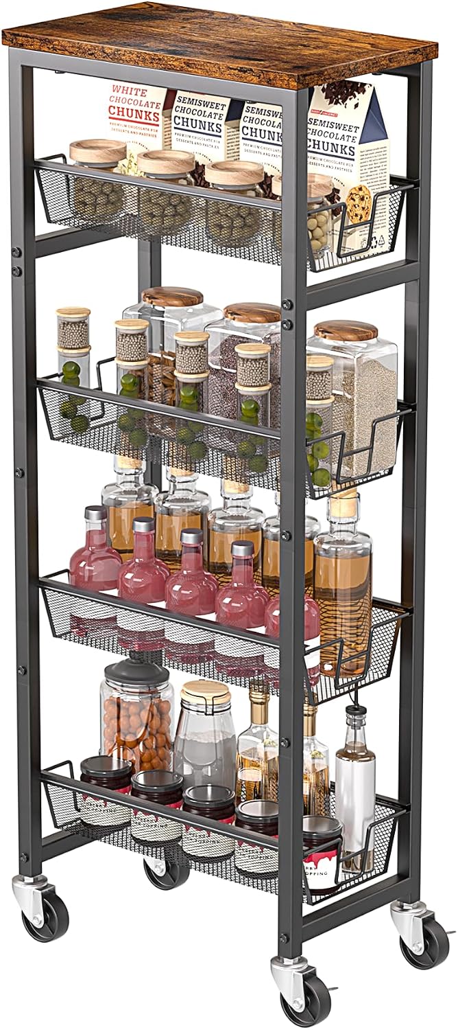 Honest Slim Storage Cart 4-Tier Slim Rolling Cart with Metal Frame and Wooden Top, 6.3 Inches, Storage Cart for Kitchen, Dining Room, Living Room, Bathroom, Home Office, Rustic Brown and Black