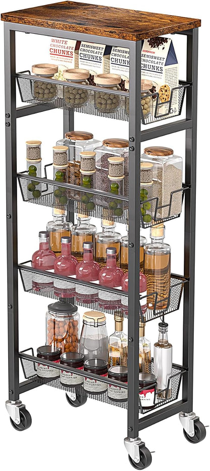 Honest Slim Storage Cart 4-Tier Slim Rolling Cart with Metal Frame and Wooden Top, 6.3 Inches, Storage Cart for Kitchen, Dining Room, Living Room, Bathroom, Home Office, Rustic Brown and Black