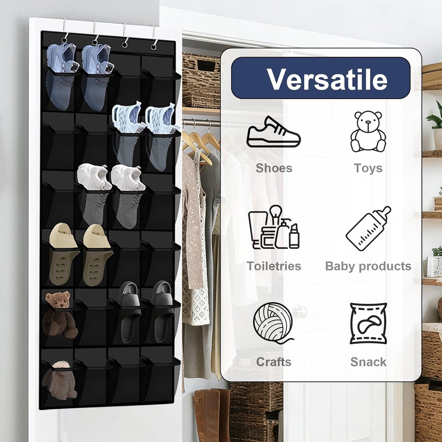 Over the Door Shoe Organizer - 24 Large Breathable Mesh Pockets, Space Saving Hanging Shoe Organizer with Metal Hooks, Hanging Shoe Rack for Men's and Women's Shoes (White)