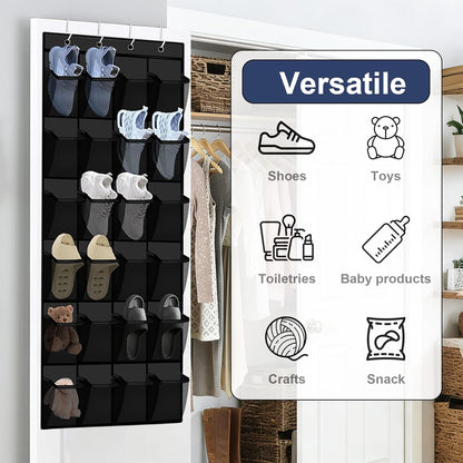 Over the Door Shoe Organizer - 24 Large Breathable Mesh Pockets, Space Saving Hanging Shoe Organizer with Metal Hooks, Hanging Shoe Rack for Men's and Women's Shoes (White)