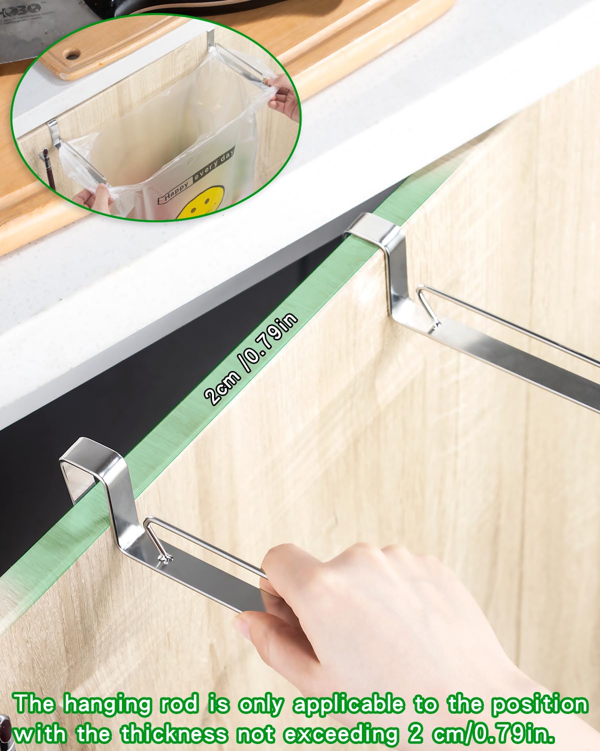YQh Stainless Steel Cabinet Door Trash Bag Holder for Kitchen Cabinet Door and Drawer, Cabinet Door Hook Adjustable Spacing, Suitable for Plastic Bags with Handles Food Bags