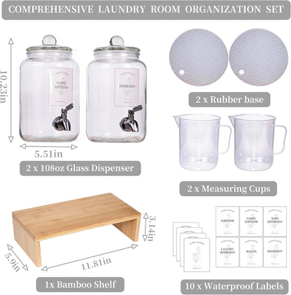 Large Liquid Laundry Detergent Dispenser with Spigots and Measuring Cups,108oz Leak-Proof Glass Fabric Softener,Reusable Glass Detergent Dispenser for Laundry Room Organizer and Storage(1)