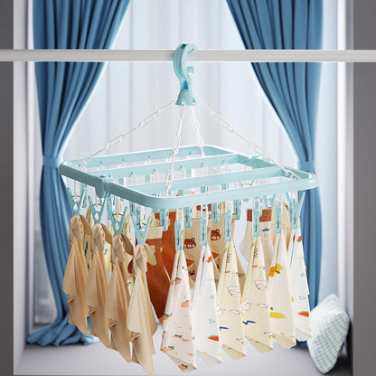Laundry Drying Rack with 32 Hanger Clips, Foldable Clip Hangers for Drying Socks, Underwear & Towels, Portable Clothes Rack, 360° Rotatable Hook Plastic Baby Hangers (Light Blue)