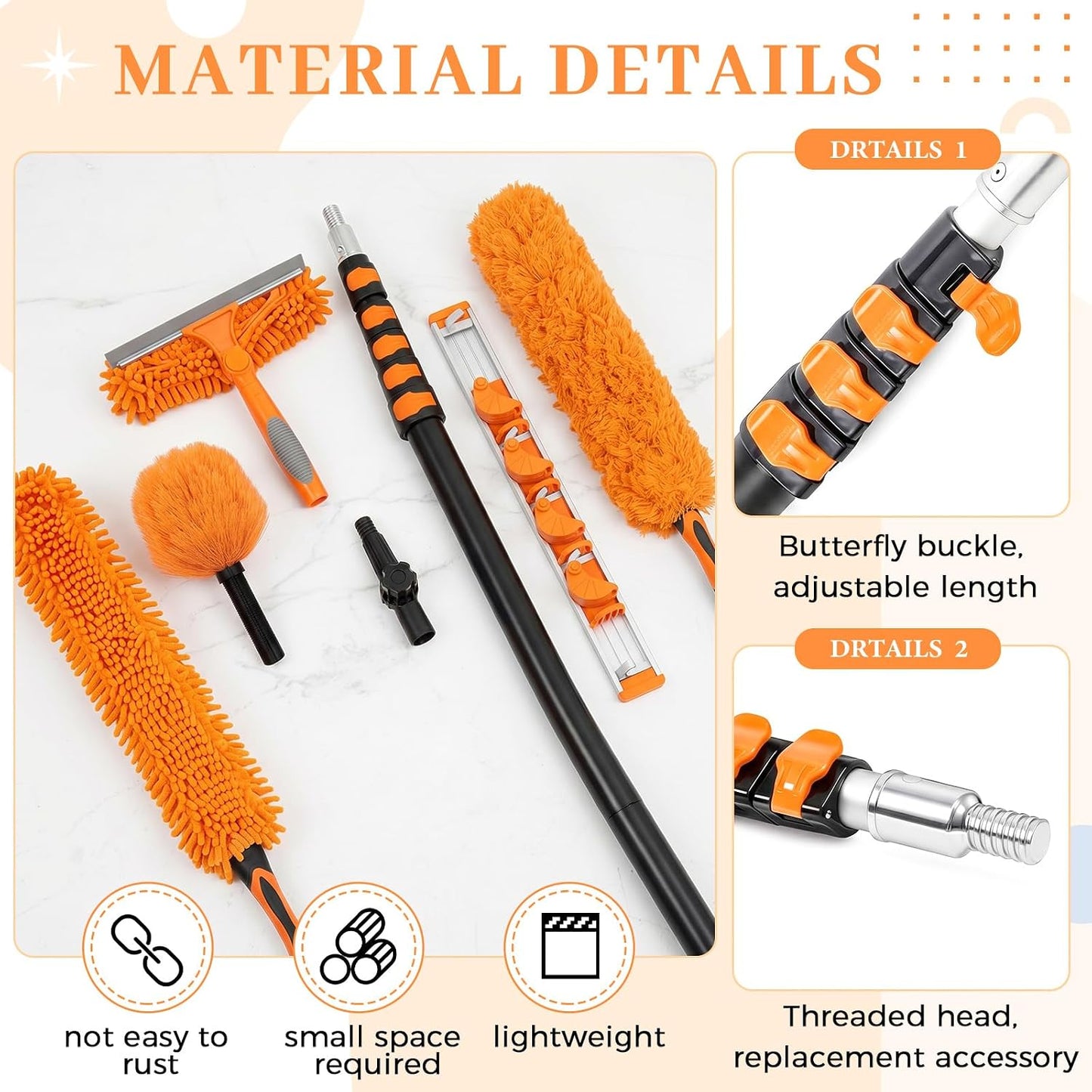 36ft Extra Long High Ceiling Duster with Extension Pole, Long Reach Cleaning Kit for Ceiling Fans, Windows & Cobwebs, Telescoping Pole with 6 Attachments for Home Church Warehouse Cleaning