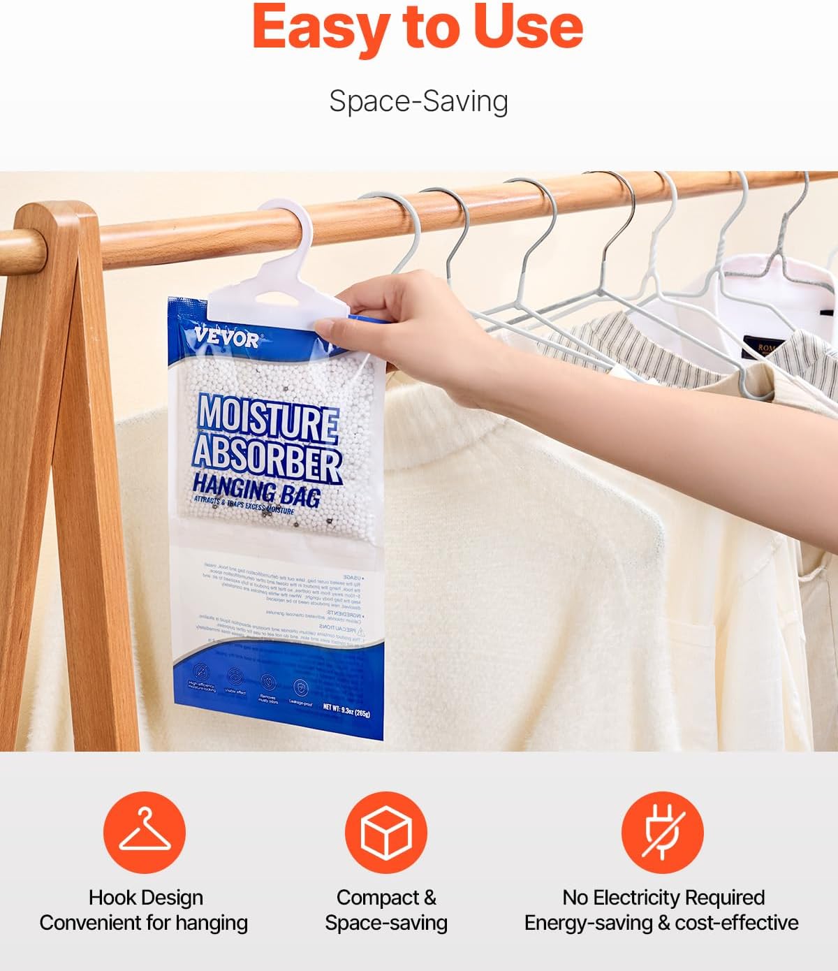 VEVOR Hanging Moisture Absorber, 9.3 oz Hanging Closet Dehumidifier Bags(10 Packs), Fragrance Free Moisture Bags in Wardrobes, Bedrooms, Bathrooms