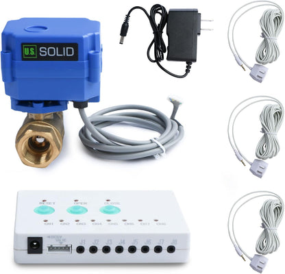 U.S. Solid Water Leak Detector with Auto Shut-Off Valve & Sound Alarm, 1" NSF Certified 304SS Motorized Ball Valve with 3 Sensors, Smart Sensor System for Water Heaters, Laundry & Flood Prevention