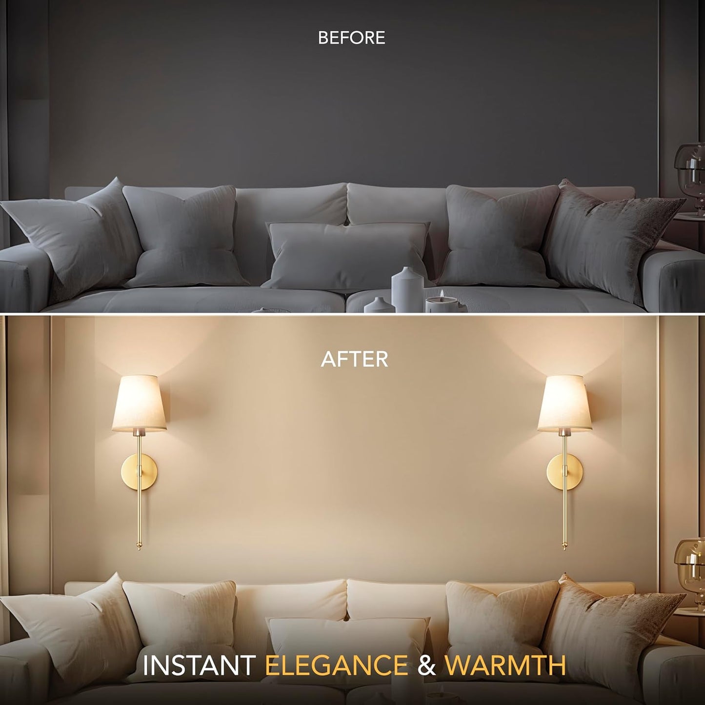 PRIDOLA Set of 2 Wireless Wall Sconces – Stick-On or Screw Mount - Rechargeable LED Bulbs, Remote Controlled, Adjustable Brightness & Warmth, Easy Installation, Living Room Wall Decor (Gold)
