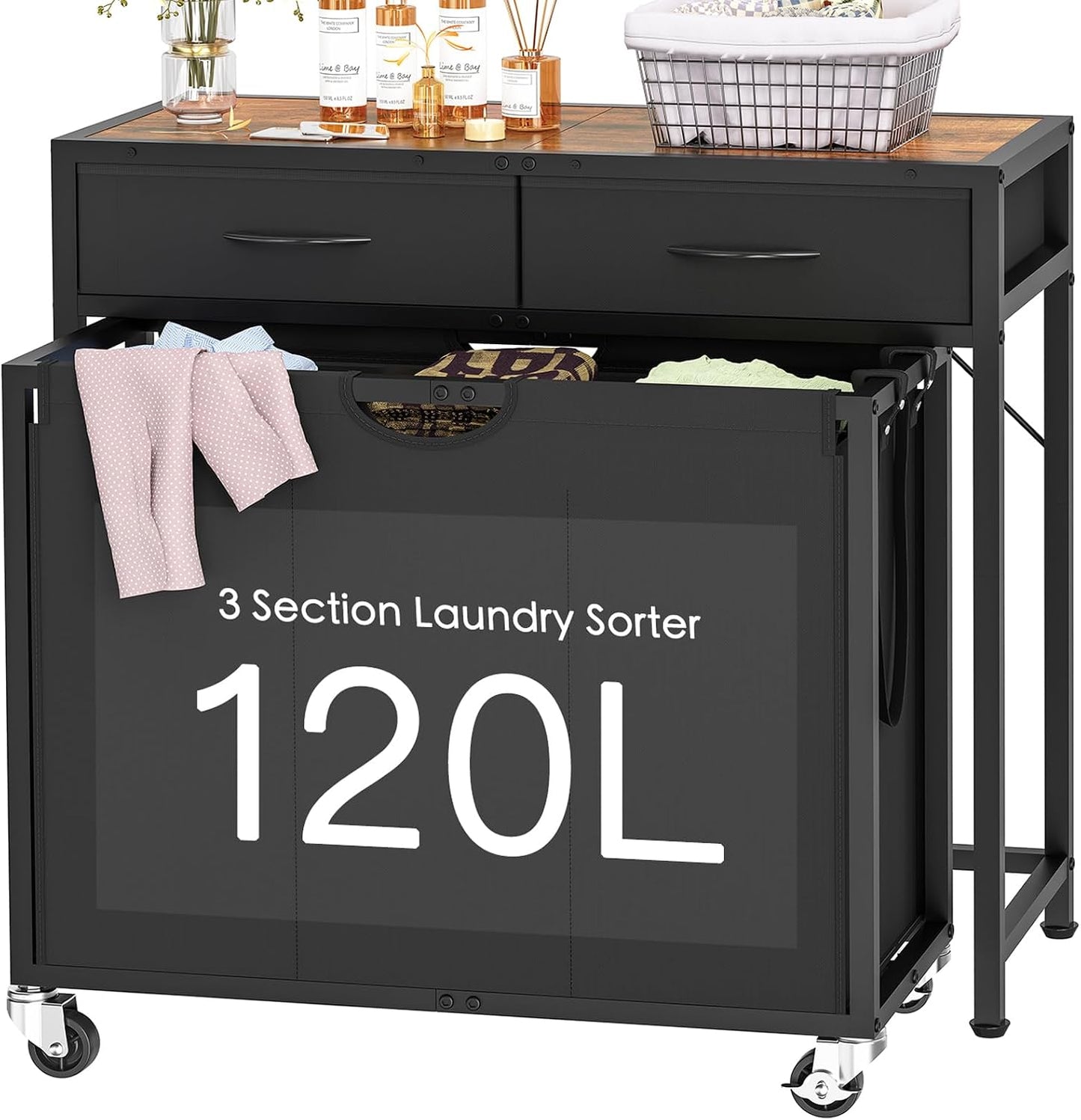 Laundry Sorter 3 Section, 120 L Laundry Hamper with 2 Drawers & 2-tone Top Panel, Rolling Laundry Basket Organizer with Pull-Out Removable Oxford Fabric Bags for Laundry Room Organization UNZYL006BVV3