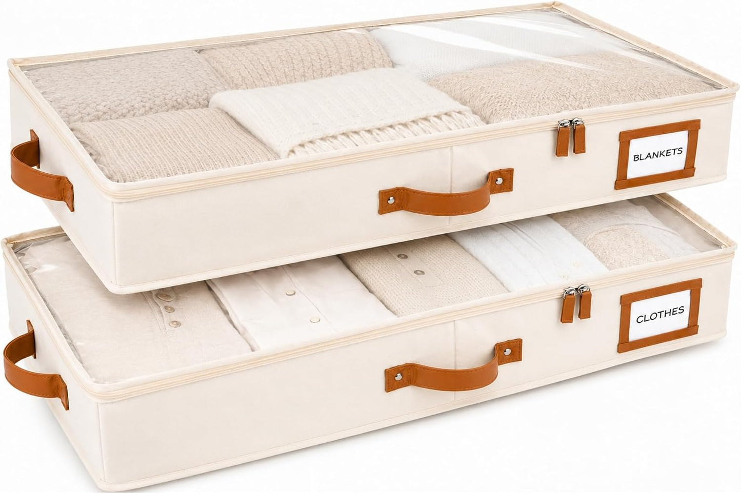 HOMELUX THEORY 2pc Low Profile Under Bed Storage Containers, Thin Under Couch Storage Organizer with Bins & Lids, Underbed Storage Box Ideal for Seasonal Clothes, Blankets, Fabric & Shoes (Ivory)