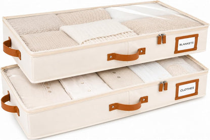 HOMELUX THEORY 2pc Low Profile Under Bed Storage Containers, Thin Under Couch Storage Organizer with Bins & Lids, Underbed Storage Box Ideal for Seasonal Clothes, Blankets, Fabric & Shoes (Ivory)