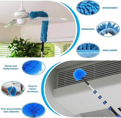25FT Reach High Ceiling Duster Kits with 5-20FT Adjustable Pole - Includes Extra Long Duster, High Ceiling Duster, Rotatable Window Squeegee & Cobweb Duster for Ceiling Fans and Whole House Cleaning
