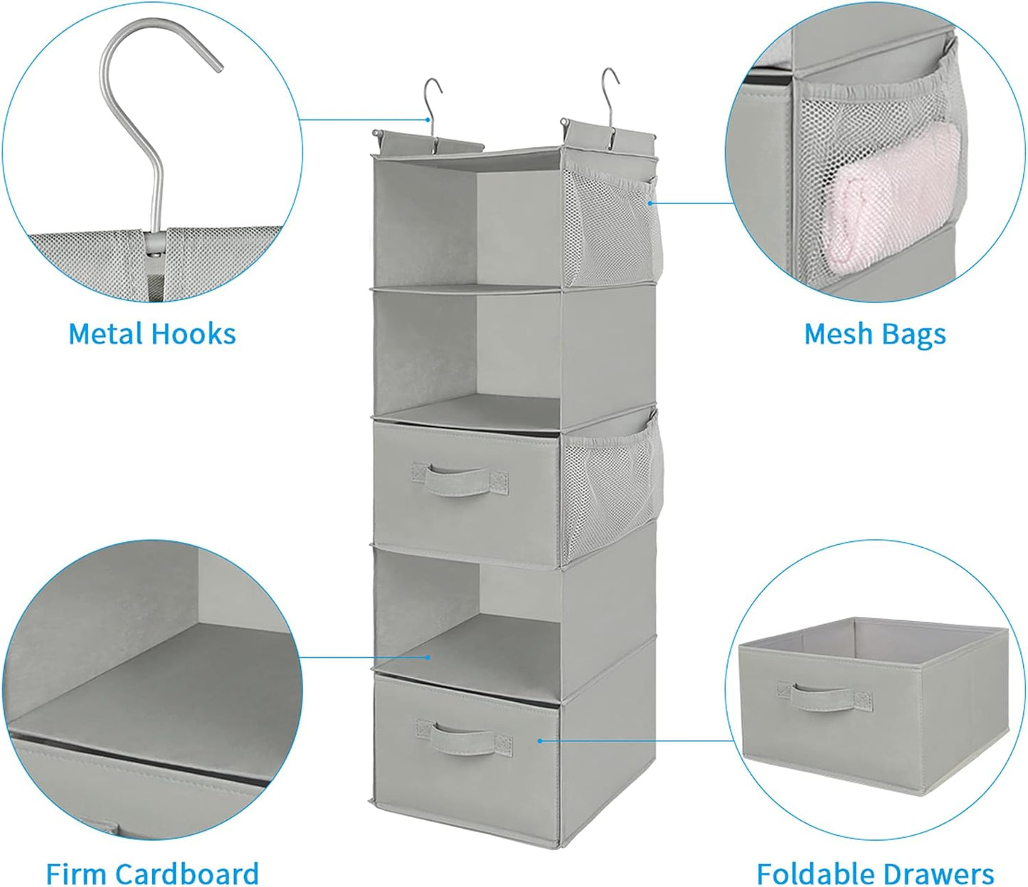 MAX Houser 4-Shelf Hanging Closet Organizer, Space Saver, Cloth Hanging Shelves with 2 Side Pockets, Foldable (Beige)