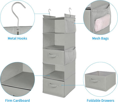 MAX Houser 4-Shelf Hanging Closet Organizer, Space Saver, Cloth Hanging Shelves with 2 Side Pockets, Foldable (Beige)