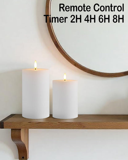 Gmnee 3"x4" White Ribbed Flameless Candles - Remote Control & Timer, Set of 3 Large Real Wax Pillar Flickering Battery LED Candles for Table, Fireplace and Mantel Decor