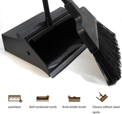 Broom with Dustpan Combo Set Outdoor Upright Dustpan and Broom Set with Long Handle Angle Broom and Dustpan Set for Garage Patio Courtyad Lobby Lawn Home Kitchen Ofiice