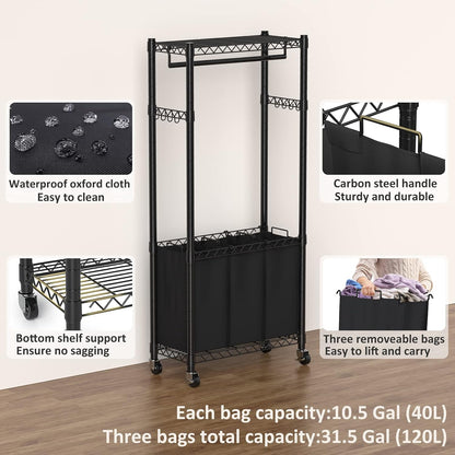 Hodonas Rolling Laundry Basket Organizer with Wheels and Hanging Bar, Laundry Hamper Cart Laundry Sorter 3 Section, Dirty Clothes Hampers for Laundry Bedroom Bathroom w/ 3 Removable Bags, Black