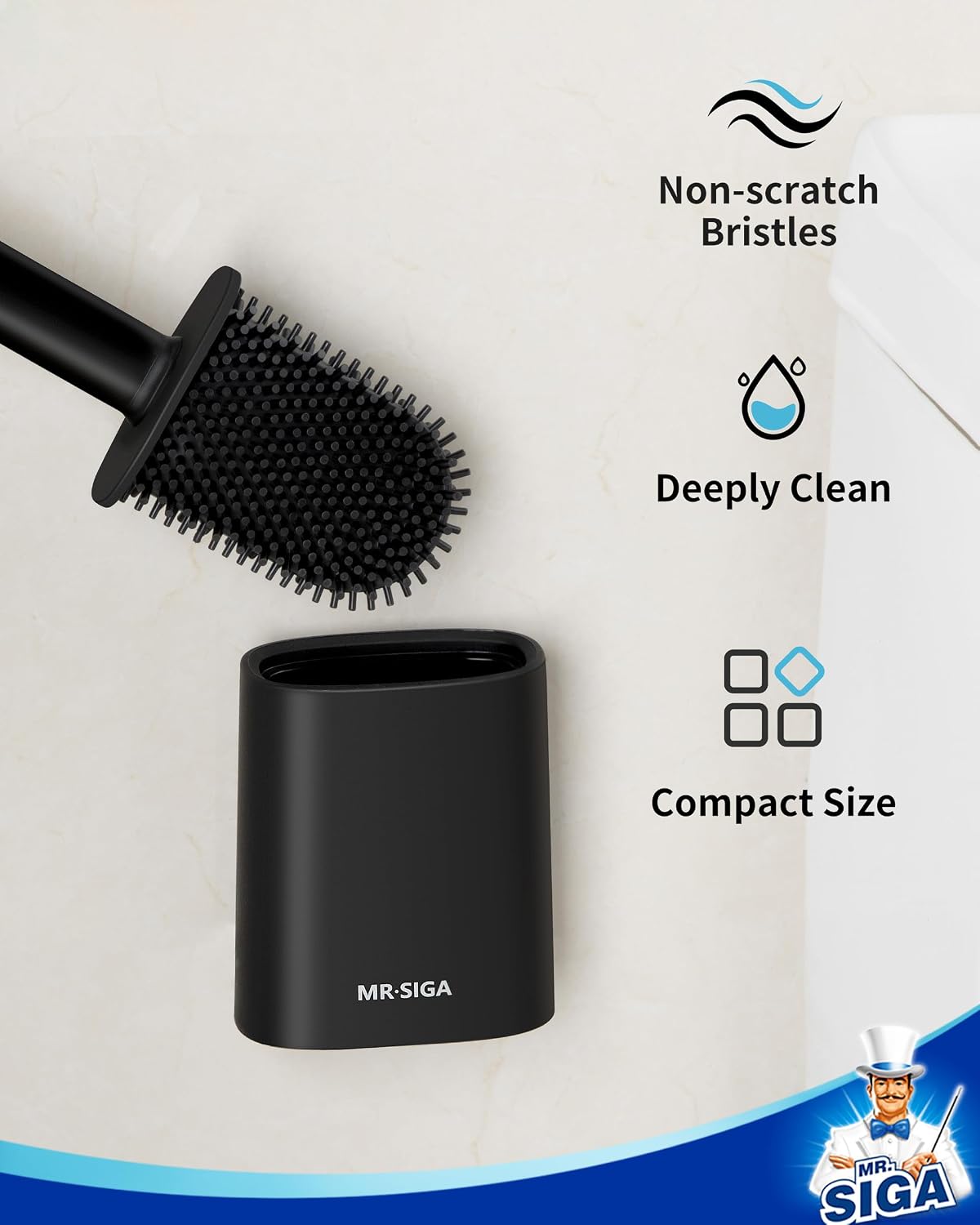 MR.SIGA Toilet Brush and Holder Set, Wall Mounted Toilet Bowl Brush, Compact Toilet Scrub Brush with Holder for Bathroom, White, 2 Pack