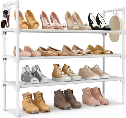 LANTEFUL 3 Tier Shoe Rack for Closet, Shoe Organizer with 5 Hooks, Long Shoe Shelf Storage for Sneaker and Boot Stackable Free Standing Shoe Rack for Entryway, Garage, Small Spaces, Dorm