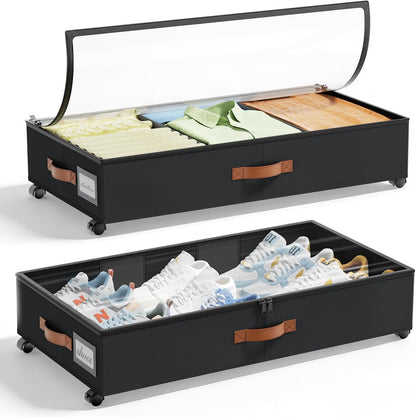 LAMU Under Bed Storage with Wheels, 2 Pack Under Bed Storage Containers with Clear Lids & Label, Rolling Under Bed Drawers for Clothes, Shoes, Blankets, Black