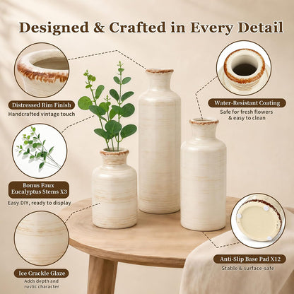 TBWIND Ceramic Vases Set of 3, Neutral Pottery Rustic Farmhouse Flower Vase | Small Decorative Flower Vases Modern Home Decor for Table Mantel Entryway Bookshelf Living Room Kitchen Bedroom