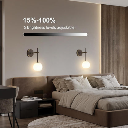 Brass Battery Operated Wall Sconces Set of 2, Rechargeable Wireless Wall Lights with Milky White Frosted Glass, 12 RGB and 3CCT Dimmable, Wall Lamps with Remote for Bedroom Living Room Hallway