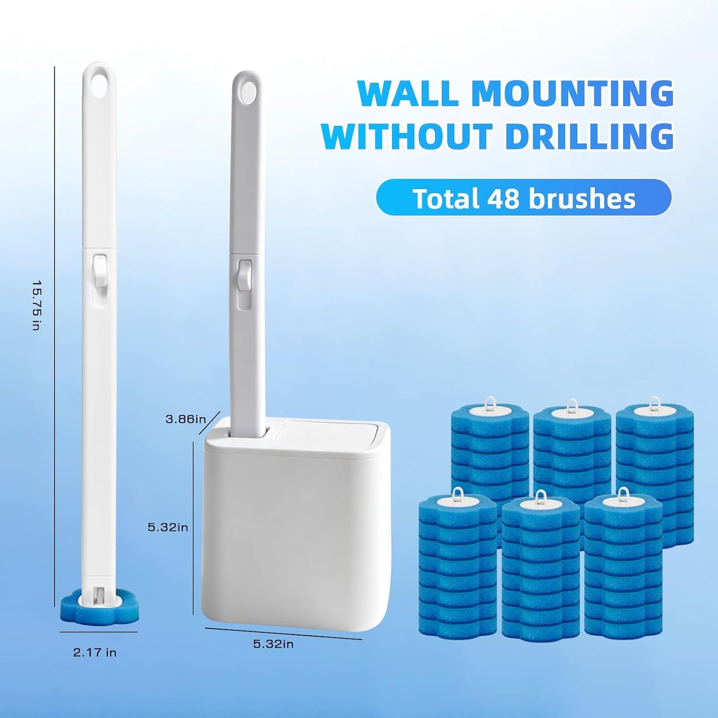 Disposable Toilet Brush with 48 Refills,Toilet Cleaning Supplies,Toilet Wand Brush Starter Kit,Wall Mounted Toilet Bowl Cleaner Brush with Holder for Bathroom Deep Cleaning & Hygiene (White)