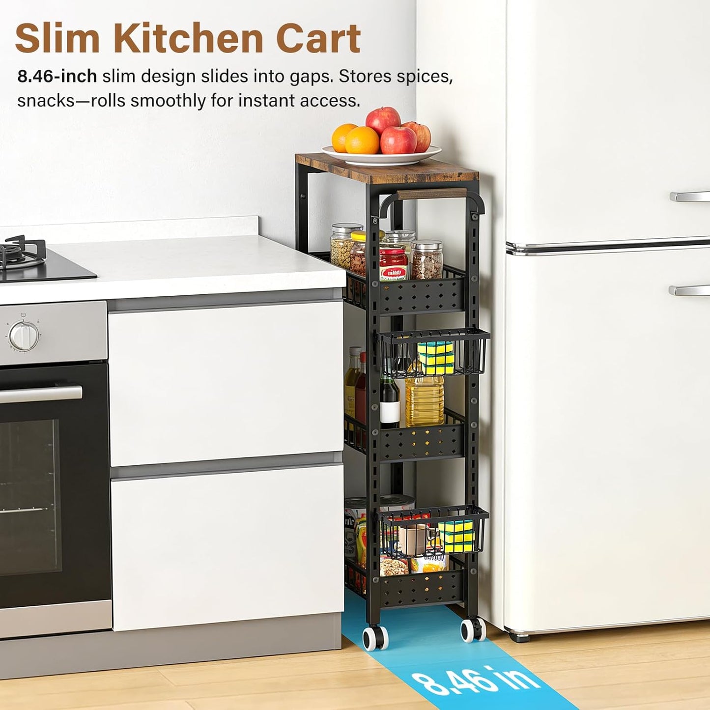 7.8 Inch Ultra-Slim 4-Tier Rolling Storage Cart with Adjustable Shelves - Lockable Wheels & Wooden Top for Narrow Spaces Between Washer/Dryer, Bathroom, Kitchen Organization (White)