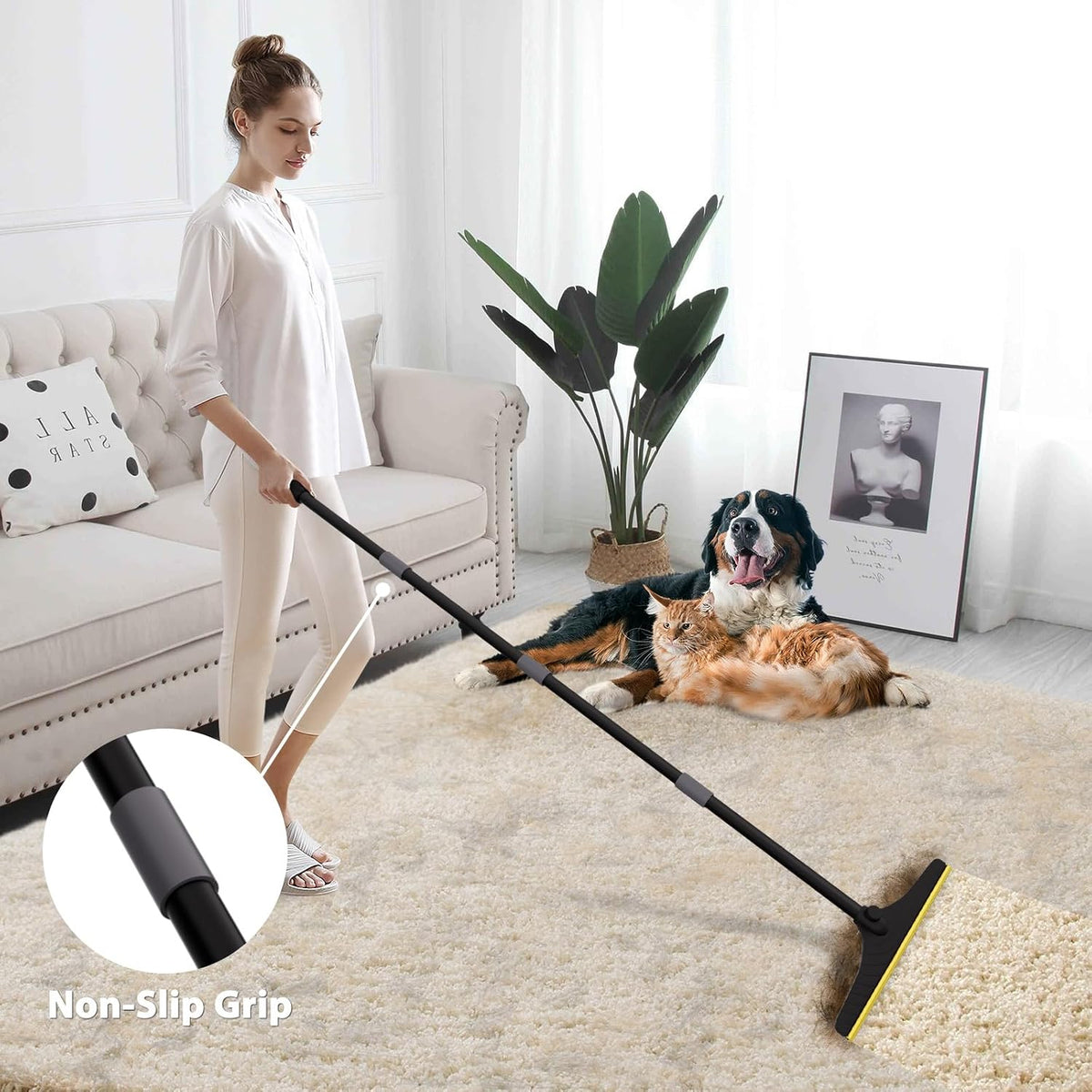 B-Land Carpet Rake for Pet Hair Removal, Reusable Pet Hair Remover with 60” Adjustable Long Handle, Carpet Scraper Broom Dog Cat Hair Remover Tool Fur Sweeper for Rugs, Mats