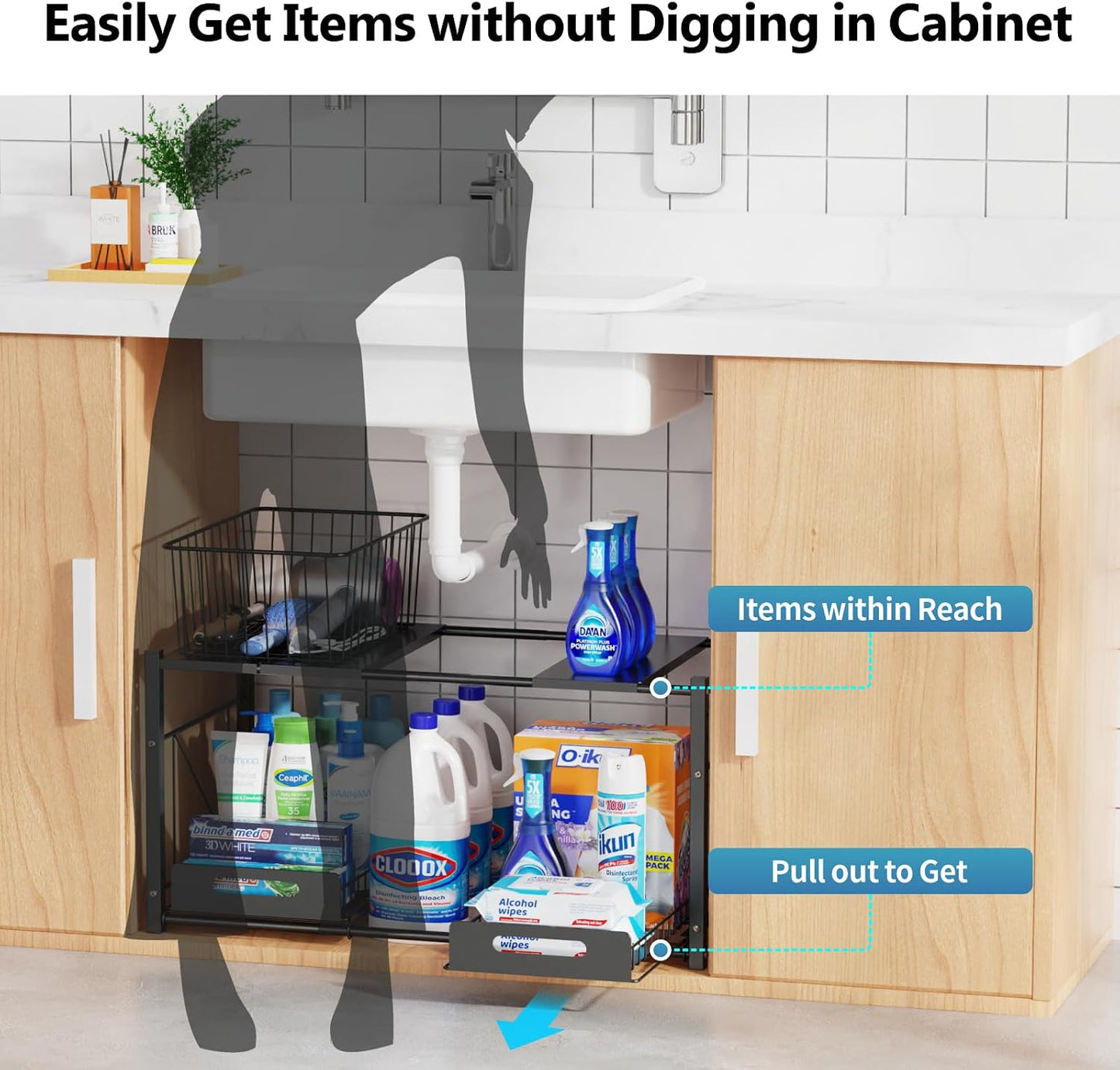 iSPECLE Extendable Under Sink Organizer - 2 Tier Expandable Under Cabinet Organizer Shelf with Height Adjustable Add Extra Space and Easy Access for 22" to 32" Wide Sink Cabinet, Black